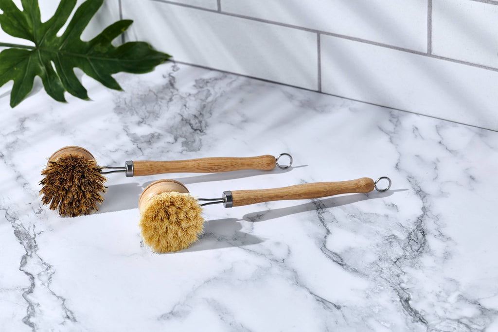 Desesh - Long Handle Wood & Metal Dish Brush (Plastic Free): Mixed Pack of Softer & Firmer Bristles