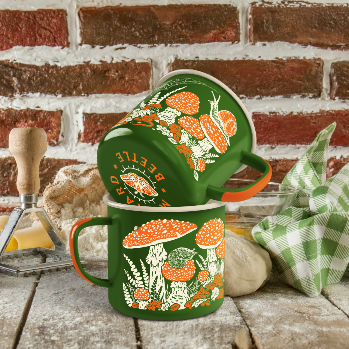 Mustard Beetle - Toad & Mushrooms Enamel Camp Mug: Green