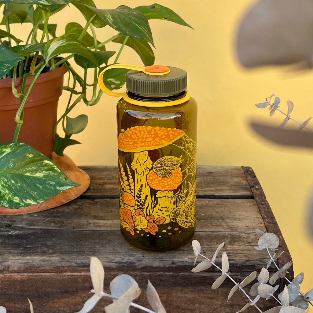 Mustard Beetle - 16oz Toad & Mushrooms, Wide Mouth Nalgene Water Bottle